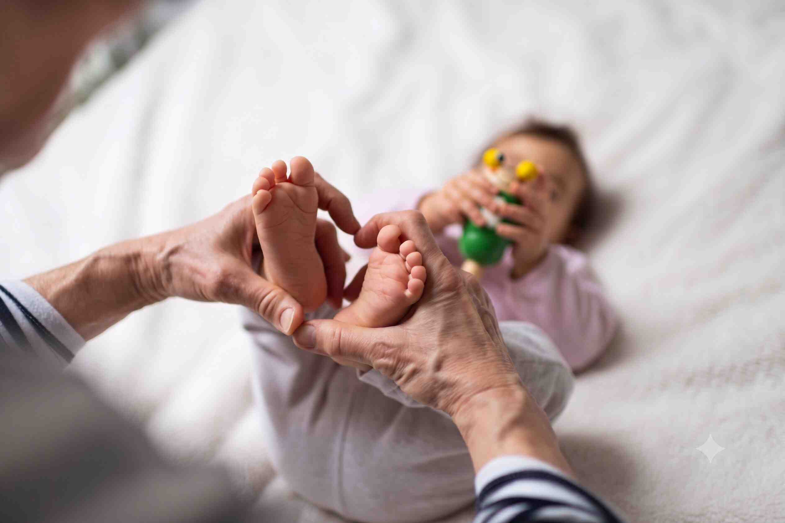 Grandmother oiling baby feet