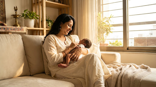 Smiling Indian mother holding her newborn baby in a sun-drenched home
